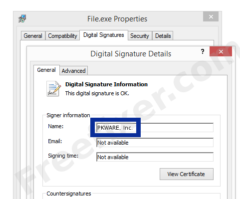 Screenshot of the PKWARE, Inc. certificate